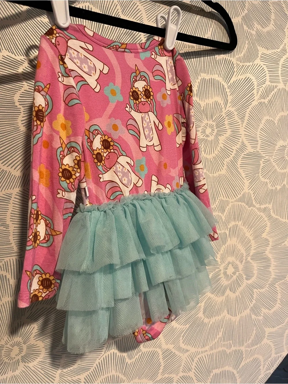 Posh Peanut “groovy unicorn” Print Bodysuit with Light Blue Tulle Skirt